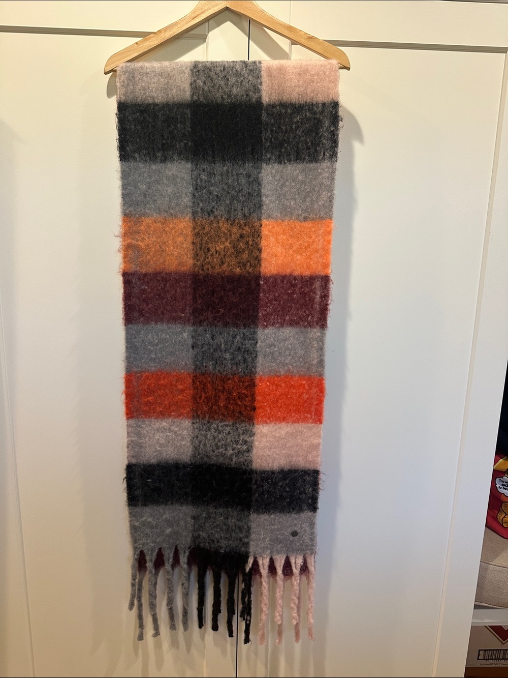 Plaid Fringe Wool-Blend Scarf in Gray, Orange & Pink